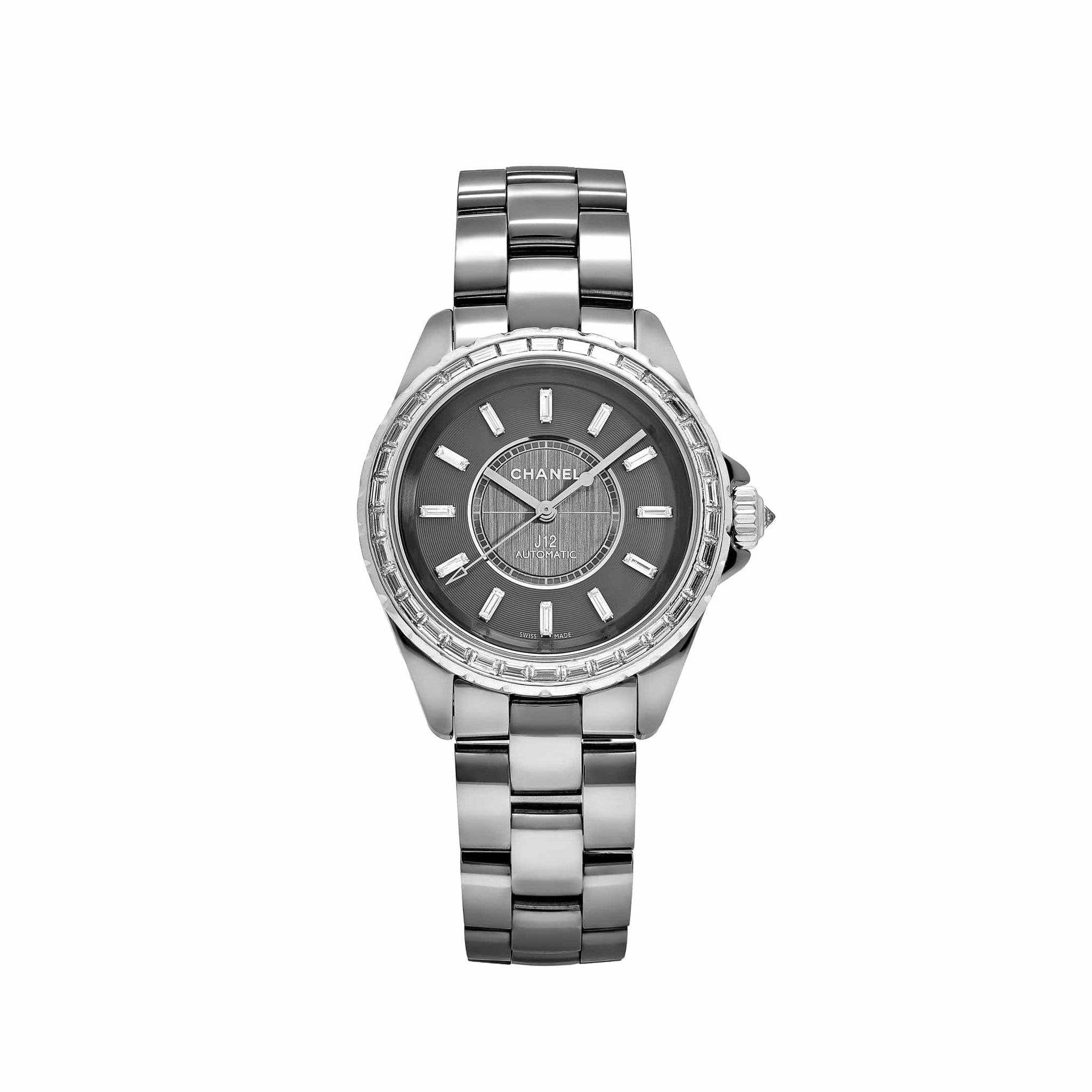 Chanel J12 H3155 Chromatic Ceramic Titanium Grey Baguette Diamond Dial and Bezel