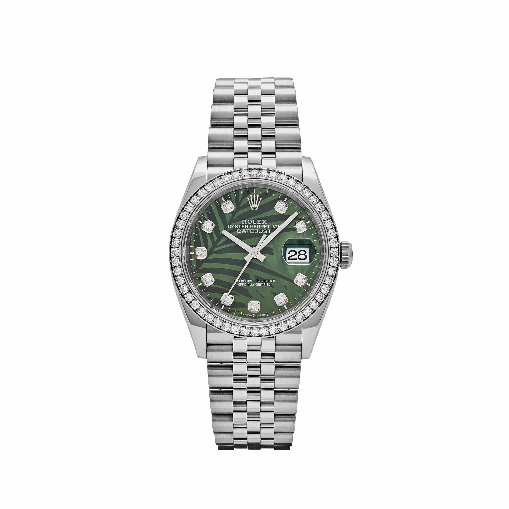 Rolex Datejust 36 126284RBR Stainless Steel Green Palm Frond Diamond Dial Diamond Bezel