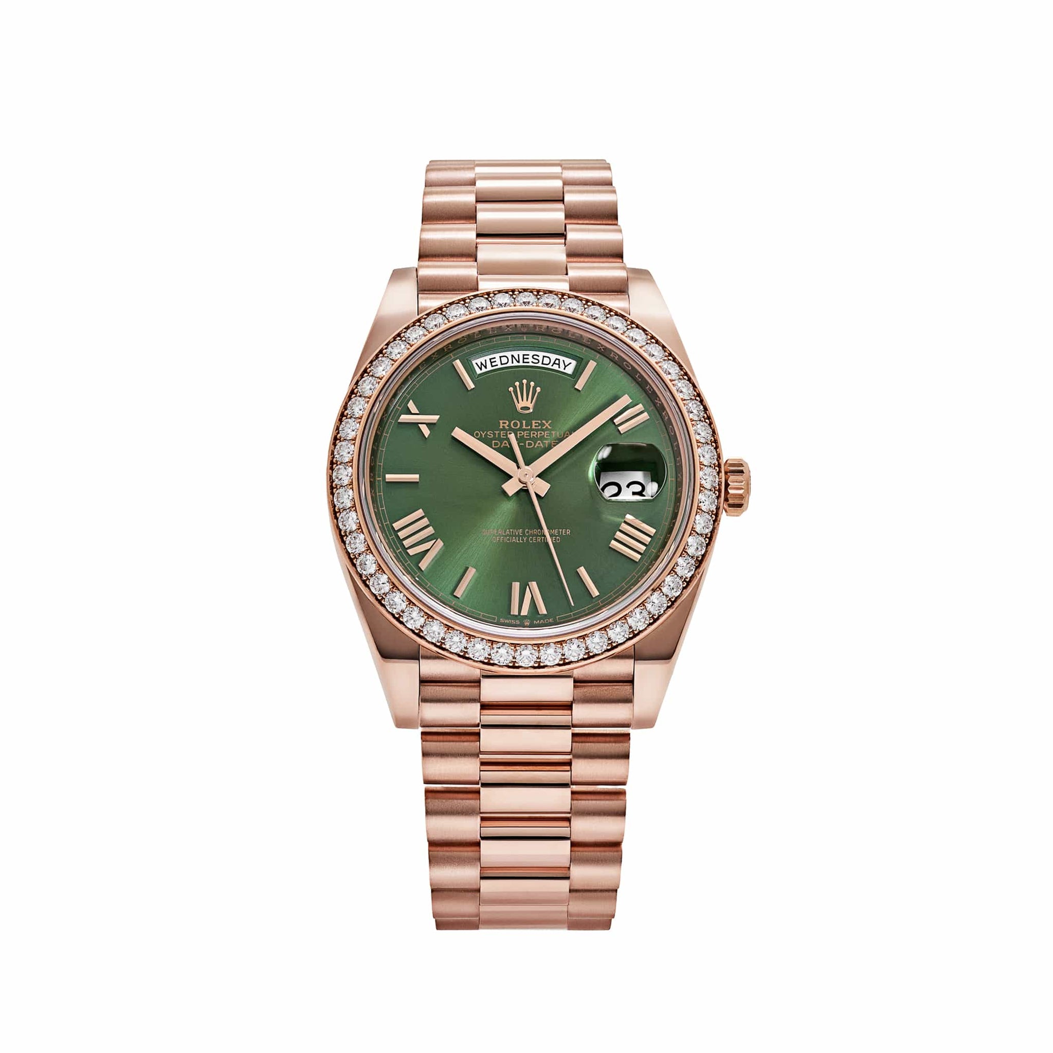 Rolex Day-Date 40 228345RBR Rose Gold Olive Green Roman Numerals Dial Diamond Bezel (2021)