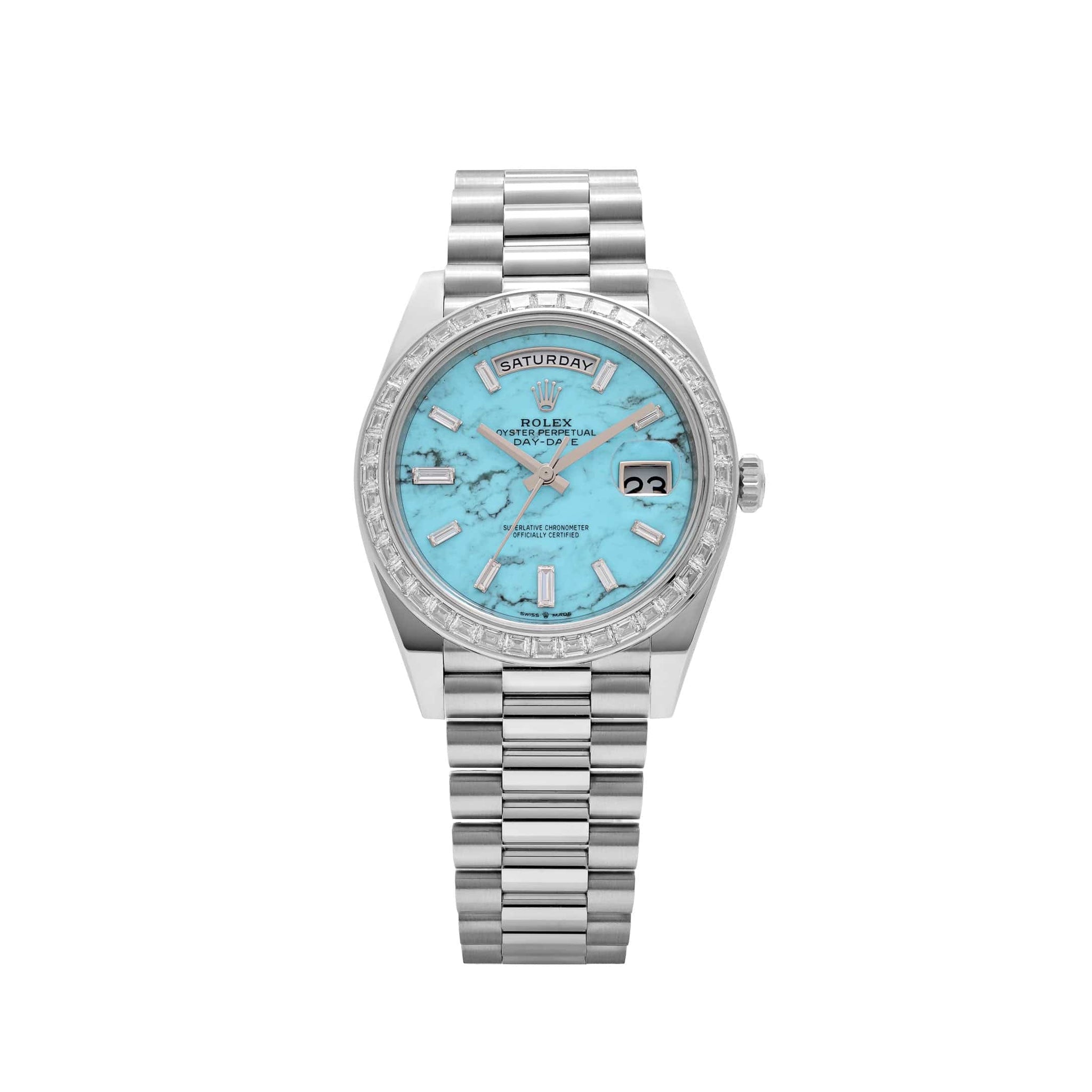 Rolex Day-Date 40 228396TBR Platinum Turquoise Stone Diamond Baguette Dial and Bezel (2025)